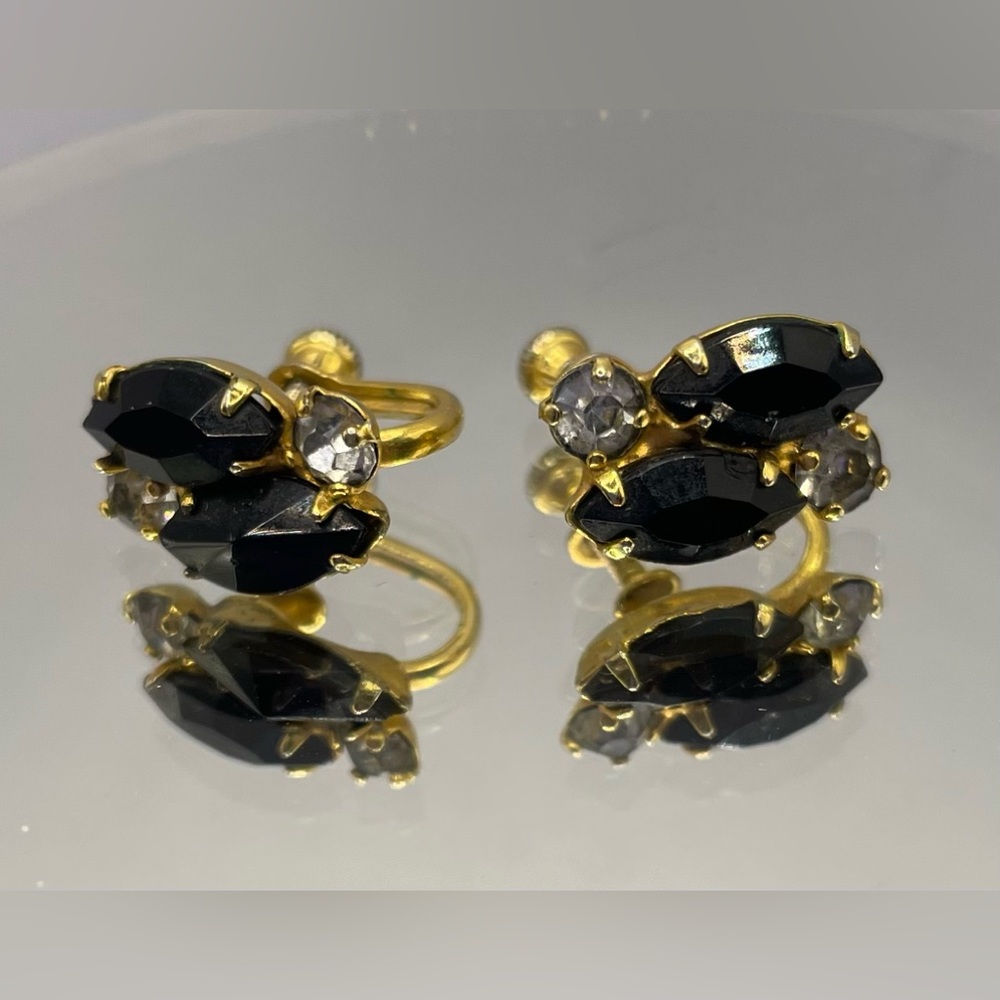3 for $30 Vintage Black Marquise and Clear Round Crystal Screw Back Earrings